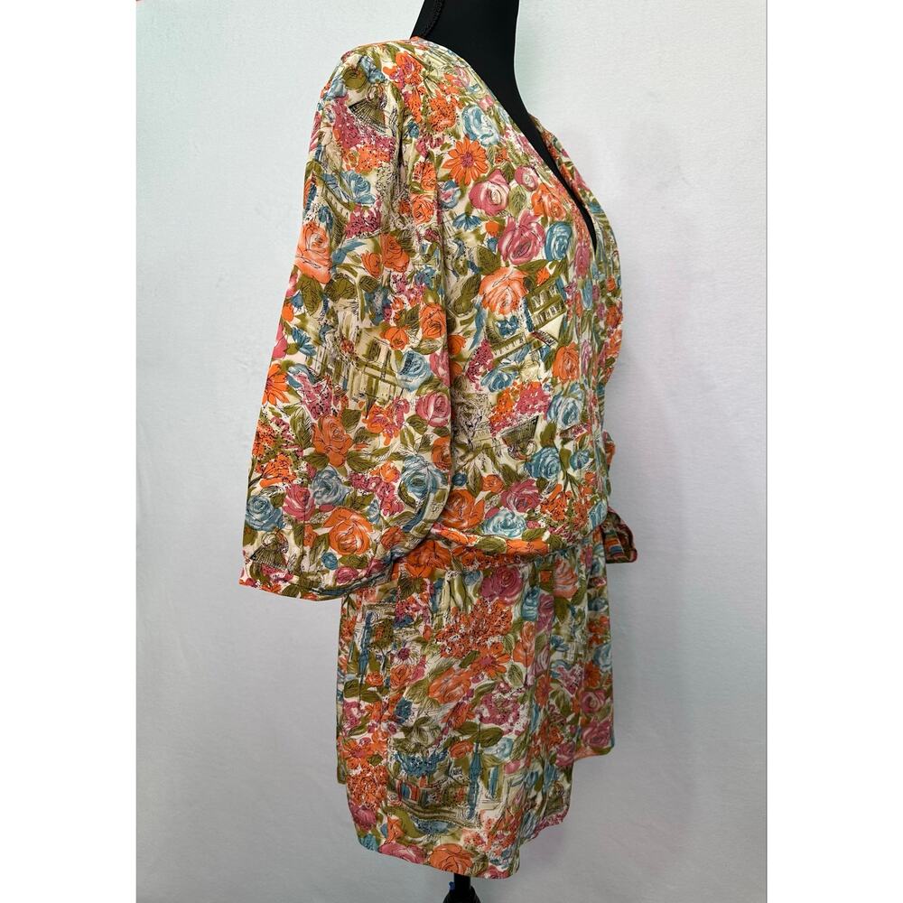 Isabel Lu 100% Silk Floral Belted Romper Size Large Multicolor Garden Print - Picture 4 of 12
